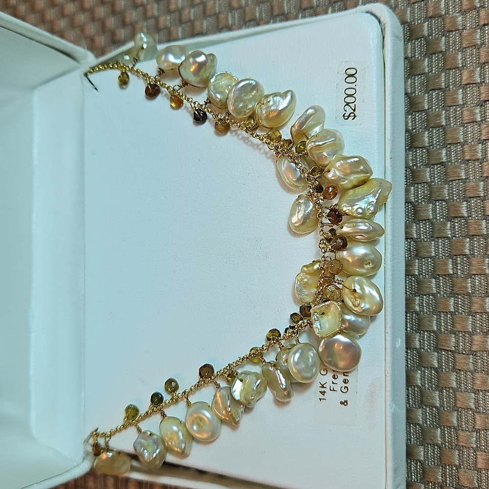 14k Gold Over Silver Freshwater Pearls & Tourmaline Necklace 18" Adjustable - Picture 2 of 11